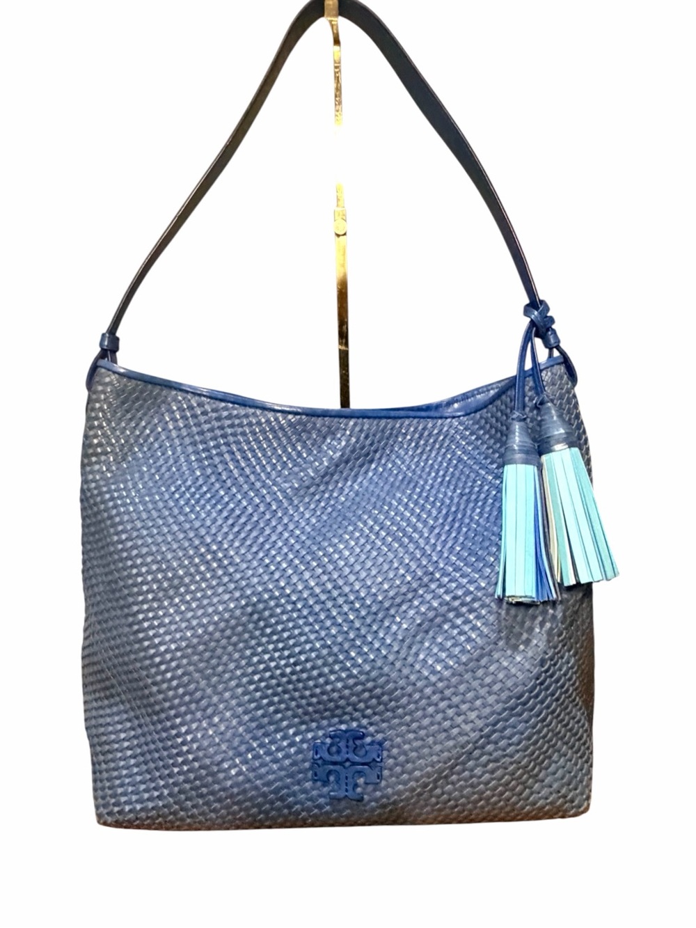 TORY BURCH Thea blue Woven Leather Shoulder Bag with Tassels 🩵💙